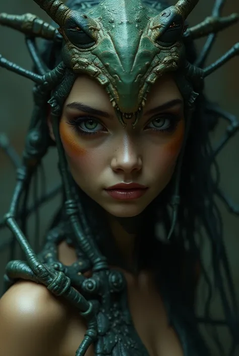 a close up of a 21 years old beautifull woman in a costume with human face and sharp teeth, insect woman hybrid, insectoid, female alien, female humanoid creature, female alien, creature concept art, as insect warriors, hot insect humanoid woman, creature ...