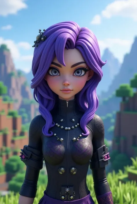  Beautiful woman from Minecraft with purple hair, gray eyes, With clothes from SQUID GAME Netflix in a landscape 