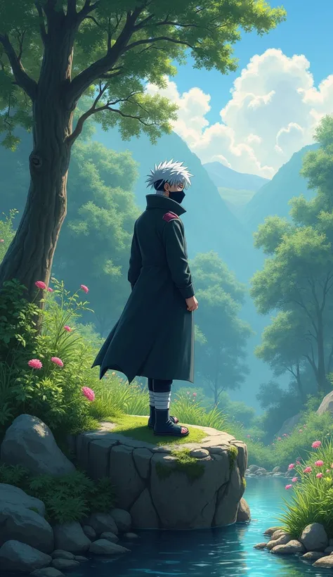 Kakashi from the anime Naruto with a thoughtful look on top of a rock with a natural environment and vibrant colors.