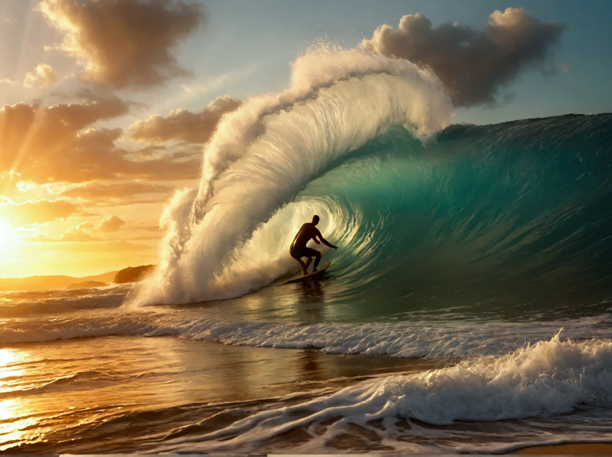 a stunning ocean beach with massive crashing waves, surfers riding the waves, serene and peaceful atmosphere, golden hour lighti...