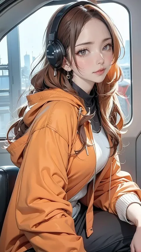 (masuter piece、side lights、 ultra-detailed、inely detailed beautiful eyes: 1.2)、1girl in、bags、buliding、from side、headphones、hoods、hood down、hooded jacket、parka、jaket、Long、orange color hair、redhair、solo、train、inside of a car、The upper part of the body、​maste...