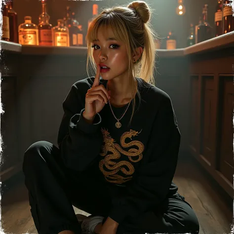  Korean woman realistic face with shiny brown oily skin   , Oriental black eyes     ,  Voluminous lips with lip gloss  ,  long blonde hair with bangs black sweatshirt with golden snake designs , with gold necklace , black cargo pants,  gold sunglasses She ...