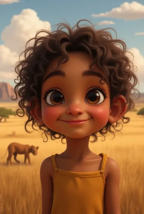 Young girl with curly hair, brown eyes, pretty smile with chubby cheeks, matte skin color with the image of the lion king in the savannah in the background