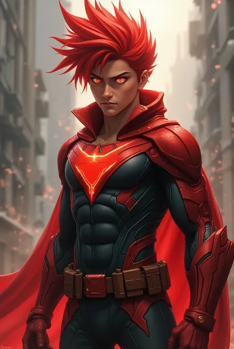  Create a hero with spiky red hair,  red eyes, man, Young man in superhero uniform  