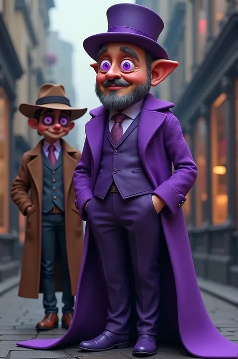  Create a man in an elongated purple suit , a dark purple hat ,  a warm smile while his eyes are bright purple ,  accompanied by a detective cerio with a brown hat and a closed beard. 