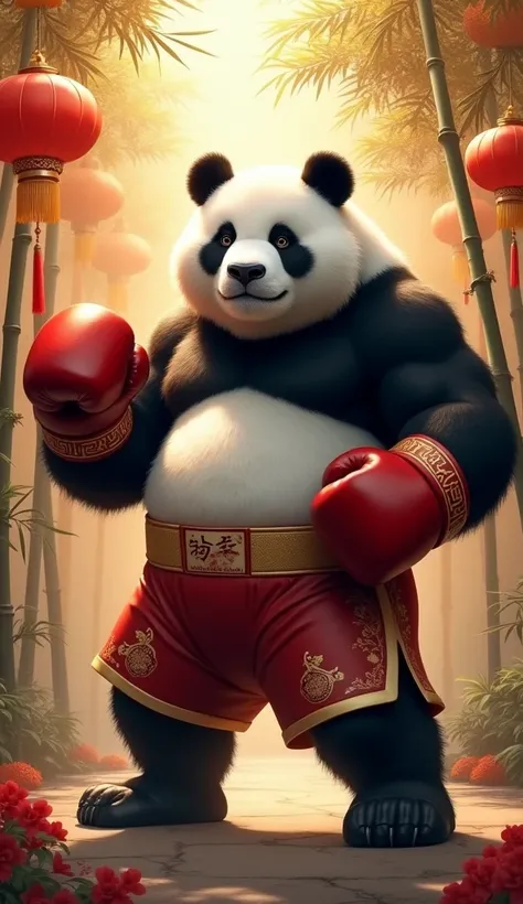 A strong, resilient boxer combining the features of a giant panda, symbolizing China. The boxer has a round face with panda markings, a bulky build with black-and-white fur, and large paws for gloves. He wears red and gold boxing attire decorated with bamb...