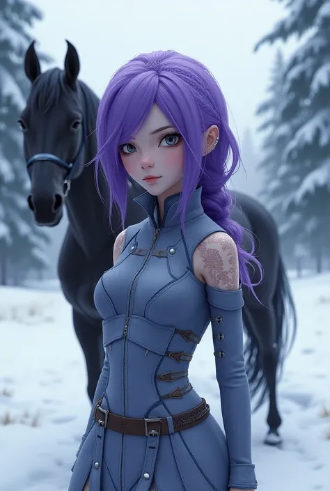  Beautiful woman from Minecraft with purple hair, gray eyes, wearing clothes from the SQUID GAME ploma from Netflix in a snowy landscape with a black horse  