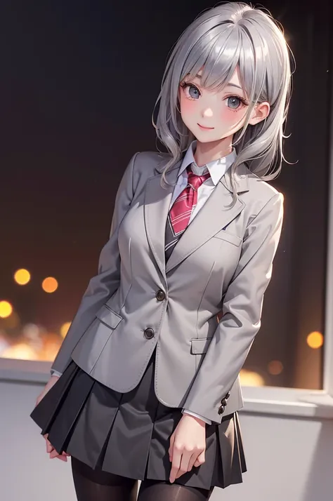 ( BEST QUALITY , Hi-Res,8k,inelity detailed background, Masterpiece:1.2), Beautiful Girl,( glossy romance gray hair:1.3),(long hair:1.2) ,pony tail,Beautiful grey eyes,autumn,school uniform,blazer,skirt,black tights,(zettairyoiki:1.2),Gentle look,A refresh...