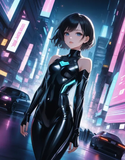 detailed illustration, dynamic angle, ultra-detailed, illustration, 1girl, 20 years old, petite, short hair, athletic build, (small breasts), Black latex body suit with glowing lights, cyberpunk city street at night, very beautiful anime girl, seductive an...