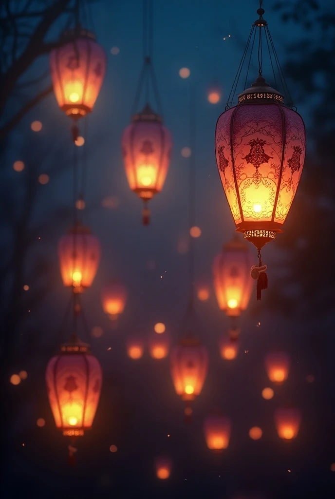 a magical scene of floating lanterns in a night sky, beautiful detailed lanterns, glowing orbs of light, moody atmospheric lighting, intricate ornate lanterns, ethereal, calming, serene, beautiful soft focal blur, (best quality,4k,8k,highres,masterpiece:1....