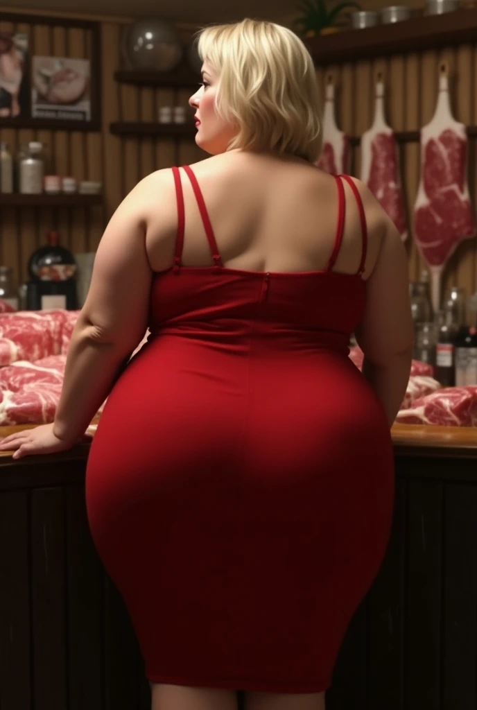 at the butcher&#39;s, 50-60 year old woman with fine blond hair,  Big natural breasts ,  wide and wide hips , thick and bulky ass ,  huge round ass , looking at the camera with your back turned, glued red dress with panties mark 