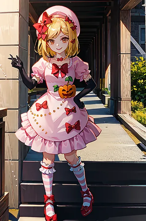 (masterpiece),(best quality), lambdadelta, dress, shoes bow, red shoes, striped stockings, red bow, pink hat, pumpkin brooch, necklace, gloves, pearl, walking, smile, stairs, temple, mountain, forest, looking at the viewer,