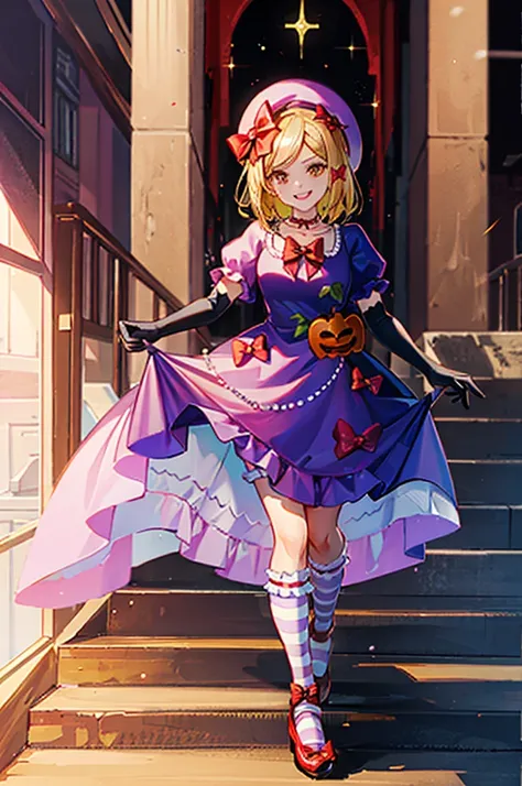 (masterpiece),(best quality), lambdadelta, dress, shoes bow, red shoes, striped stockings, red bow, pink hat, pumpkin brooch, necklace, gloves, pearl, walking, smile, stairs, temple, mountain, forest, looking at the viewer,