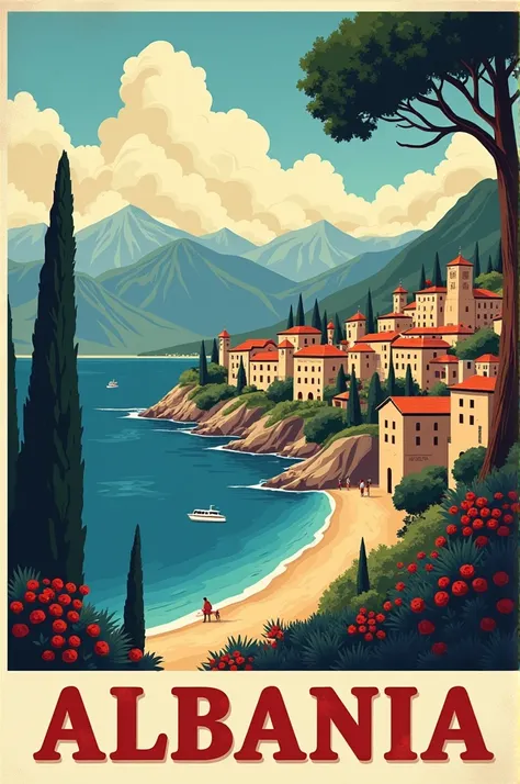 Create a aesthetic travel poster for room wall of a country albania 