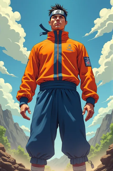 Cristiano Ronaldo in his Naruto ninja outfit, with a ninja badge on his forehead and an orange and blue ninja outfit.