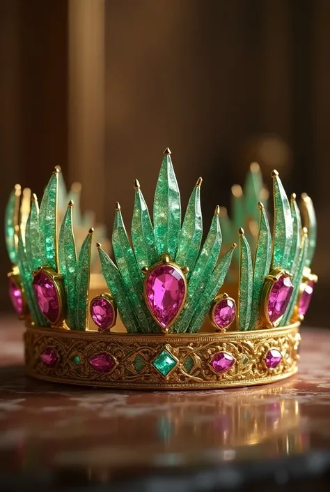 a beautiful crown with shimmering pink emeralds, a diamond in the center shaped like grass, intricate details, luxurious, ornate, highly detailed, photorealistic, 8k, cinematic lighting, warm color palette, masterpiece, award-winning art