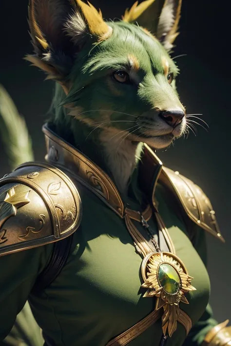 a close up of a green and gold animal, a 3D render by Anne Stokes, cgsociety, furry art, daz3d, behance hd, artstation hd