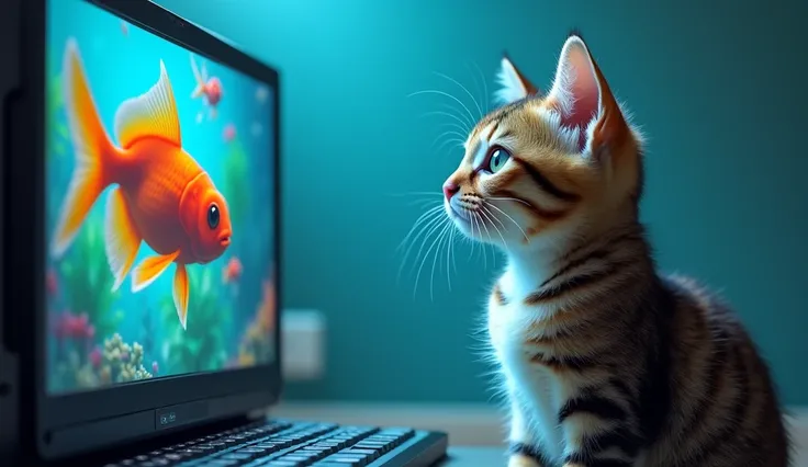 photo: cat, . Looking closely at the fish video .

 Detail description : cat, sitting , with her head tilted sideways , , is absorbed in the process of hunting virtual fish.  The background of the image is bright and rich , , which emphasizes her attention...