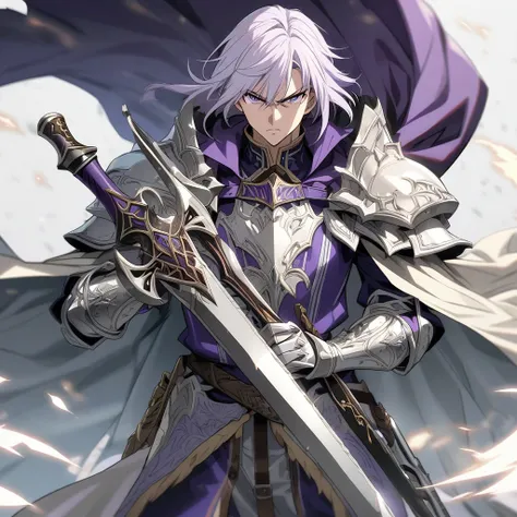 Anime, well detailed, paladin, paladins purple clothes, Cape,  Boy, Ivory collored hair ((pale)), serious, sword in hands ((Zweihander))