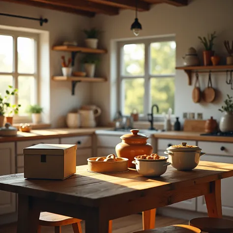  a German house kitchen 。There is a cardboard box of 、Earthenware pot、３ rice cookers on the kitchen table