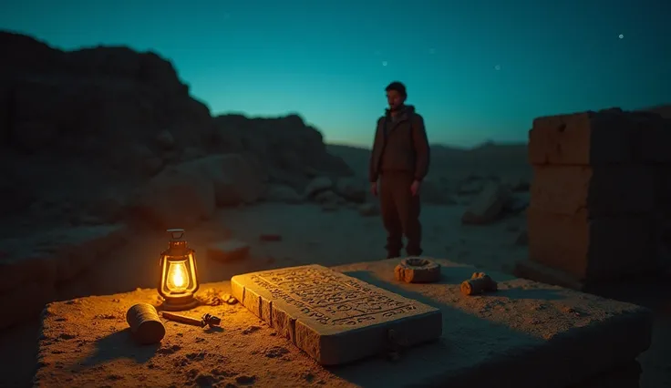 Capture an evocative scene of an archaeological dig site at twilight, where a researcher stands contemplating ancient artifacts scattered across a dusty table, with a partially unearthed stone tablet in the foreground. The sky is a deep blue with stars beg...