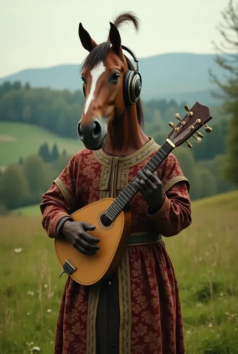 horse dressed as a troubadour listening to music in headphones