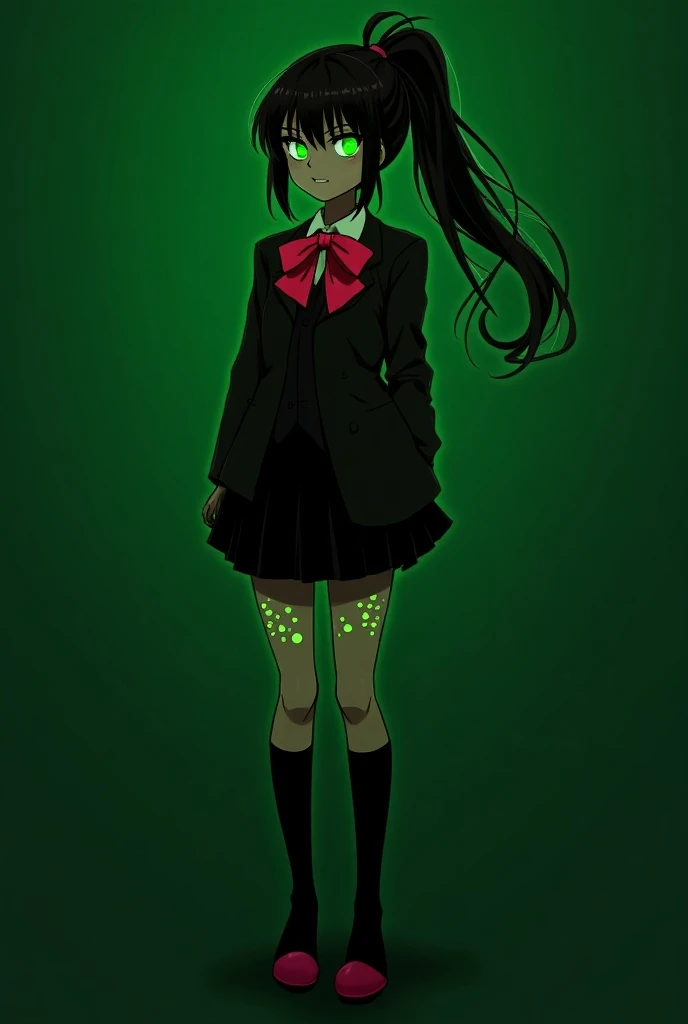 standard issue female school uniform consisting of a blazer fully buttoned and untucked, sweater vest, shirt fully buttoned and tucked, red ribbon, pleated skirt, black thigh-high socks and uwabaki slippers with pink tips. Make everything black or bright g...