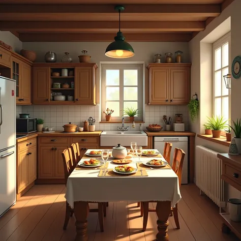  a German house kitchen 。 kitchen table with pieces３There is a rice cooker and cardboard on the 