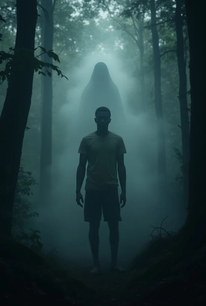 Mr. Obinna stands in a mysterious forest, surrounded by black swirling mist and the faint silhouettes of trees, his face showing fear as he hears the sound of drums in the distance
A faint figure of an old Nigerian woman, wise and slightly ghostly, whisper...