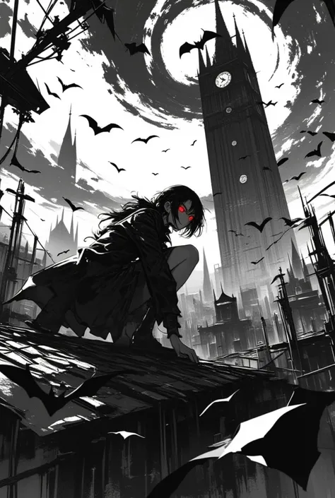 (masterpiece, best, great:1.8), dim composition, HD, masterpiece, female vampire crouching on top of a tiled roof with one hand on roof, black and white scene with red highlights of her eyes and stark red shading for the rim lighting, swirl of bats circlin...