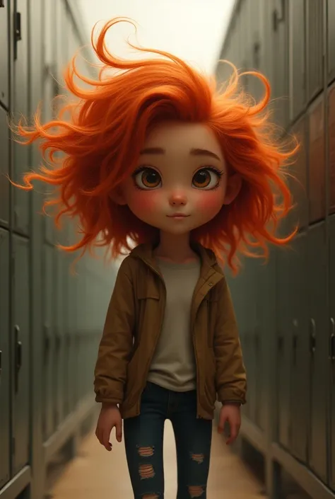 A wavy red-haired girl with messy hair with brown eyes who is inside a school in some lockers