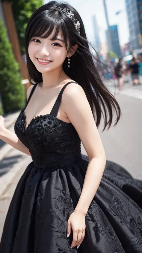  1 girl, Best Quality, Black Hair, Grin,  wide angle shot ,  blurred background, Super detailed, Neat dress,