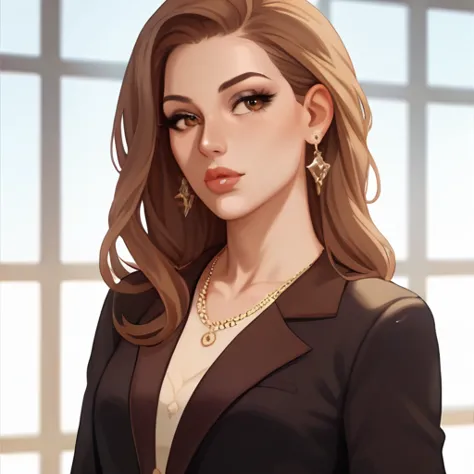 Twenty something year old, woman, skin, brown eyes, full lips, long chestnut hair, dressed in an office dress, waist up, Solo, High Resolution, Masterpiece, Anatomically Correct, Accurate, Best Quality,