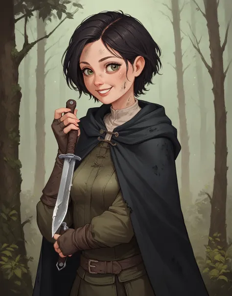 1girl, thief, wearing medieval clothes, dark cloak, short dark hair, dirty clothing, weeping, holding knife, smile, young, holding large knife, small breasts, forest in background
