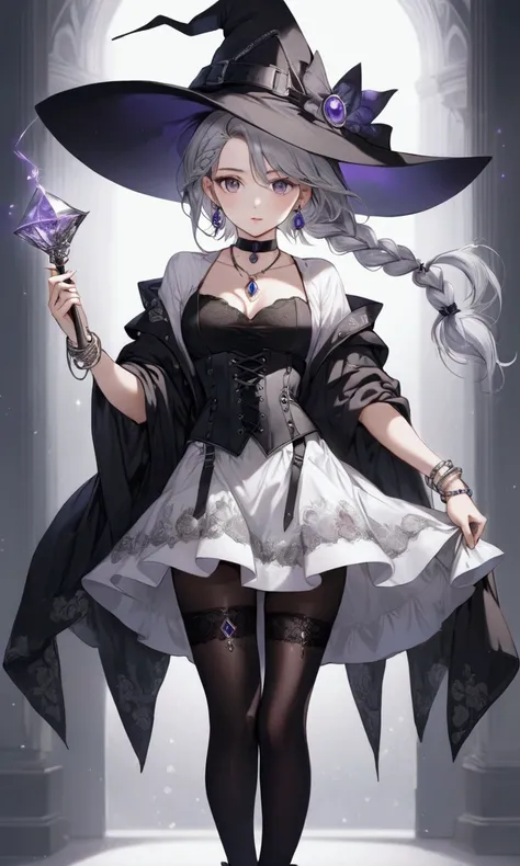 a beatiful young woman with silver eyes and silver long braided hair in black corset and short white skirt. she also wears black lace stockings and purple high heels. she wears jewelry earring, necklace and bracelet. 
She wears a witchs hat adorned with ge...