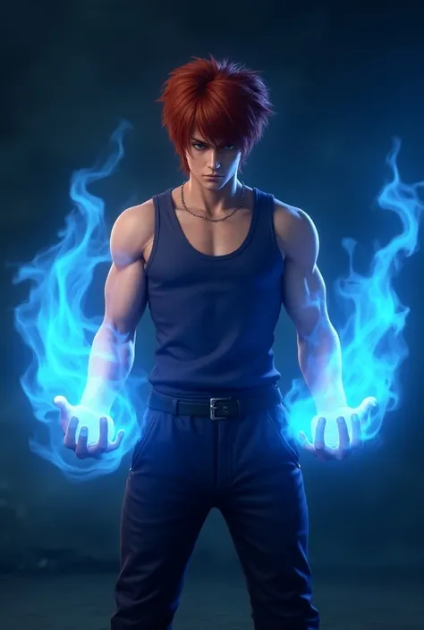  Character Iori Yagami from The Kind of Fighters,  brings blue fire in his hands ,  with a serious and annoying look , perfect lighting and 4k 