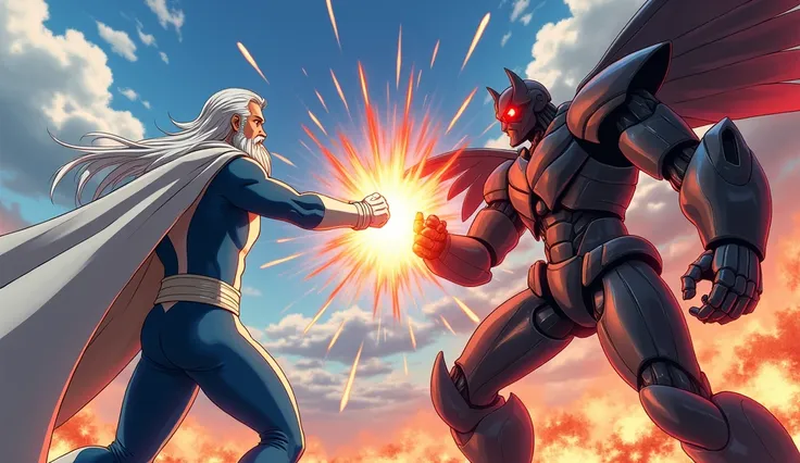 Epic finale fight between two characters. Character 1: (Middle-aged man with long white hair, in white cape, long beard, wearing skin tight white and blue original superhero suit, white gloves and white boots). Character 2: (Evil robot, menacing, black arm...