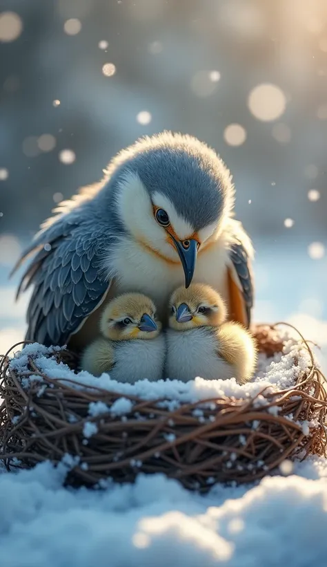 Draw a scene of a parent bird cradling its young with its wings in a photorealistic style. The parent bird gracefully spreads its wings to protect its young in its snow-covered nest. The texture of the snow and the details of the parents feathers are preci...