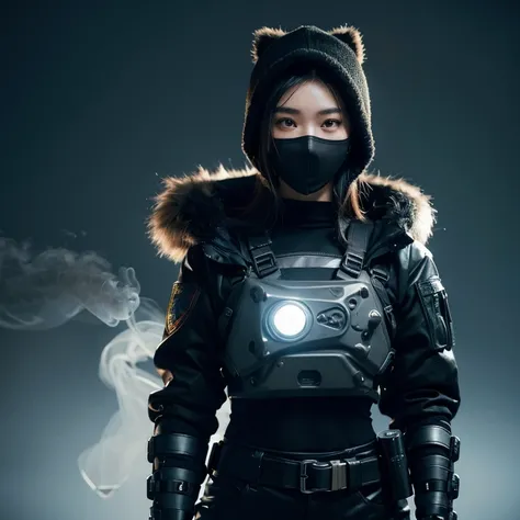  cyber ninja girl , Face mask, hood, smoke from the eyes , Asian, cybernetic eyes, bulletproof vest,  tactical unloading ,  tactical machine ,  a fur leather bundle aims at the viewer, winter, blizzard, realism, hips, Colorful, 8k, 16k, 32K, Ultra-HD, Divi...