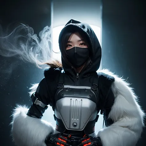  cyber ninja girl , Face mask, hood, smoke from the eyes , Asian, cybernetic eyes, bulletproof vest,  tactical unloading ,  tactical machine ,  a fur leather bundle aims at the viewer, winter, blizzard, realism, hips, Colorful, 8k, 16k, 32K, Ultra-HD, Divi...