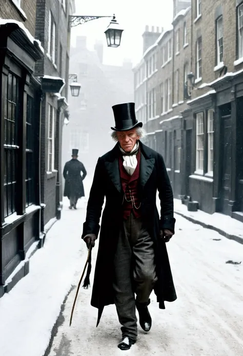 mr.  Scrooge walking down a snowy street, 19th century London , Christmas