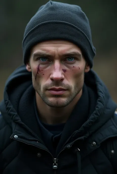 Slavic Young athletic man wearing a black jacket and beanie. Blue eyes, white skin, scar on the left side of the face, tired eyes, Very short hair 