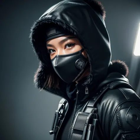  cyber ninja girl , Face mask, hood, smoke from the eyes , Asian, cybernetic eyes, bulletproof vest,  tactical unloading ,  tactical machine ,  a fur leather bundle aims at the viewer, winter, blizzard, realism, hips, Colorful, 8k, 16k, 32K, Ultra-HD, Divi...