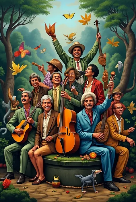 I want art in the magical realism style, making the striking characteristics of these artists evident: Raul Seixas, Milton Santos , Caetano Veloso, Jorge Amado, Gilberto Gil, Gal coast, CASTRO ALVES,  Daniela Mercury,  Dorival Caymmi . I want them standing