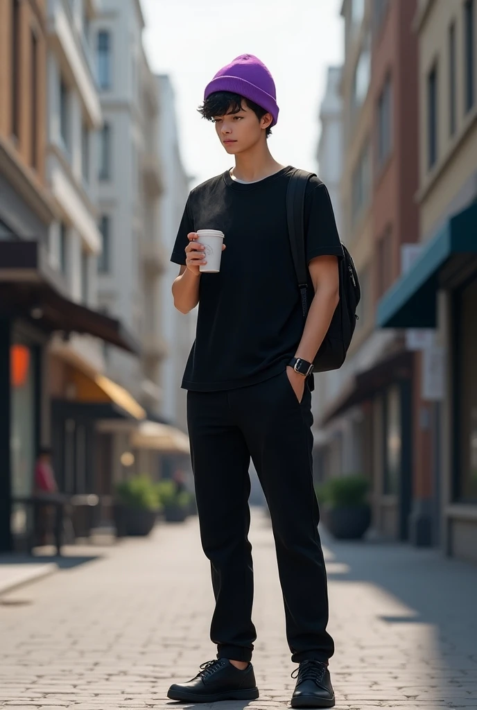 18 year old man weights 170 pounds wearing a black shirt black pants black shoes black backpack and a purple beanie with his cup of coffee