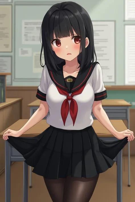 a girl of about  is very small, leaning on a desk in the classroom, she has dark hair and a square hairstyle, she is wearing a sexy school uniform and stockings, her skirt is raised and her pussy is visible