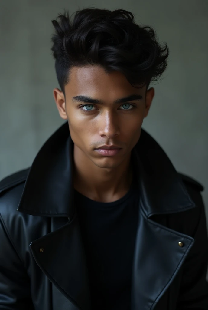 A light-black-skinned young man ,  with blue eyes and stunning beauty, wearing a black leather coat.