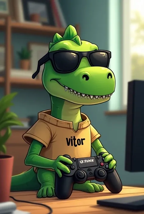 Green dinosaur with dark glasses playing video gamer with the name Vitor on the cardboard shirt