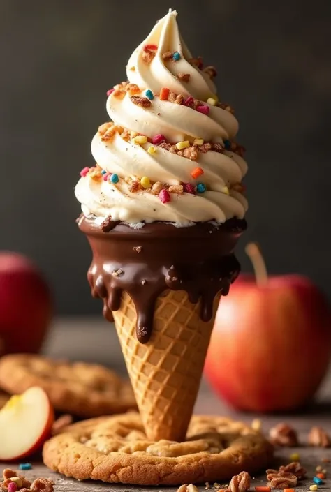 An apple-filled cookie ice cream cone covered with chocolate and colorful toppings that highlight the apple 