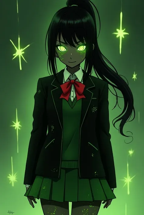 standard issue female school uniform consisting of a blazer fully buttoned and untucked, sweater vest, shirt fully buttoned and tucked, red ribbon, pleated skirt, black thigh-high socks and uwabaki slippers with pink tips. Make everything black or bright g...